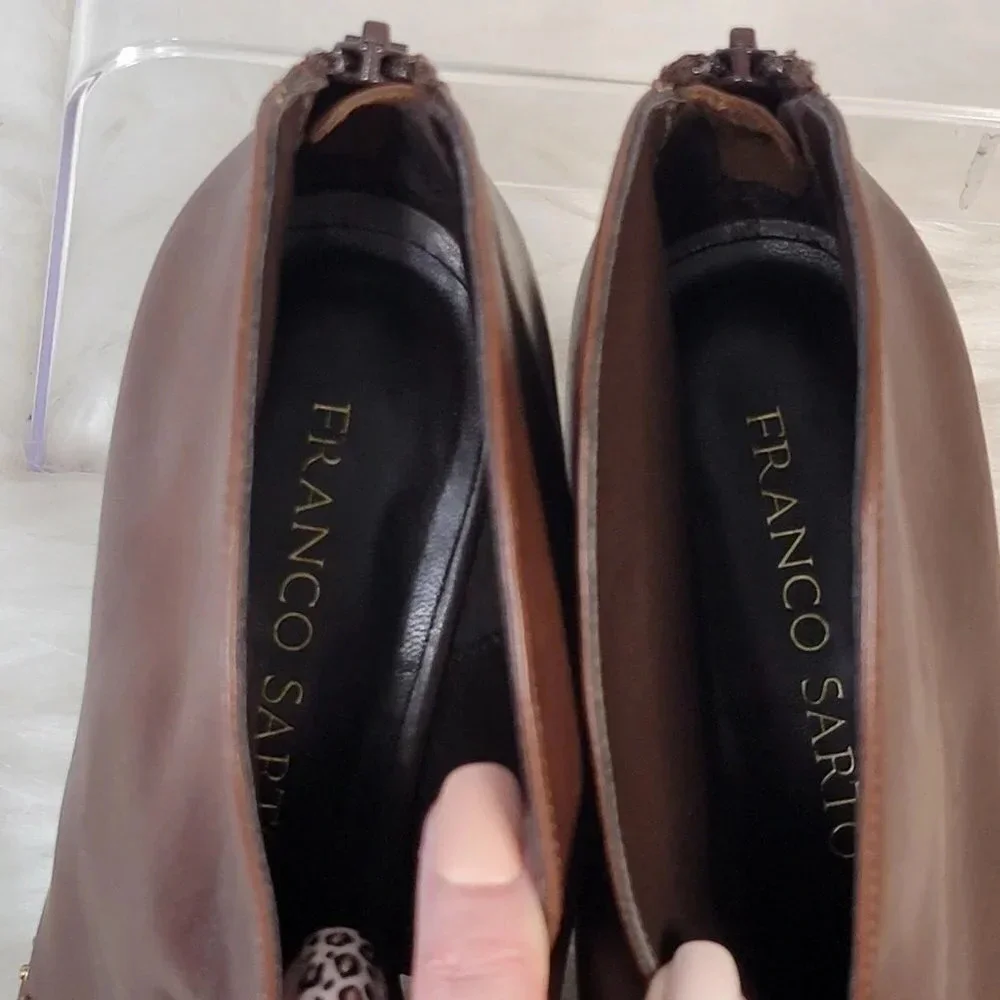 FRANCO SARTO Brown High Heel Booties Zipper Ankle Boot Leather 8M Shoe Peep‎ Toe
